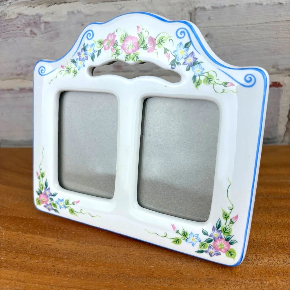 Vintage Ceramic Double Picture Frame Blue Pink Floral Cottagecore Easel Back